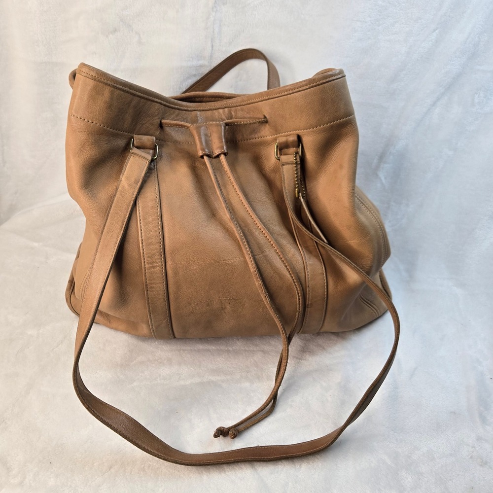 Vintage Coach Tan Leather Drawstring Bucket Bag 531-2620 Brass Hardware Tote - Picture 3 of 16
